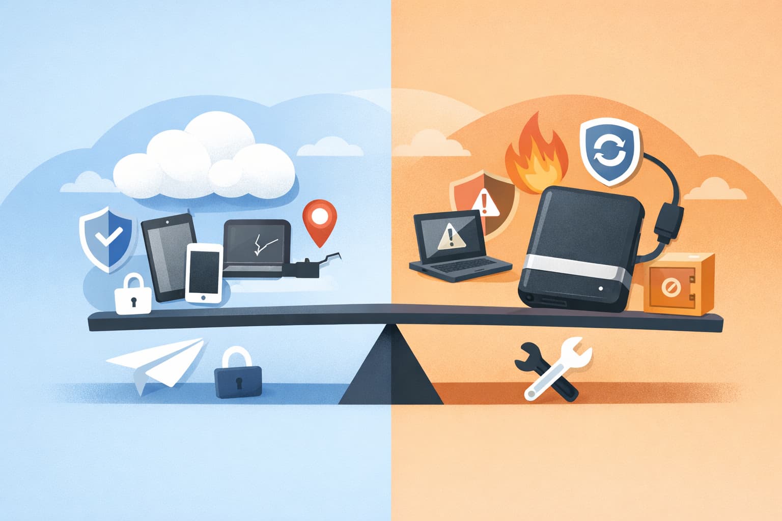 Illustration zum Artikel: Cloudspeicher oder externe Festplatte: Was schützt deine Dateien wirklich besser?